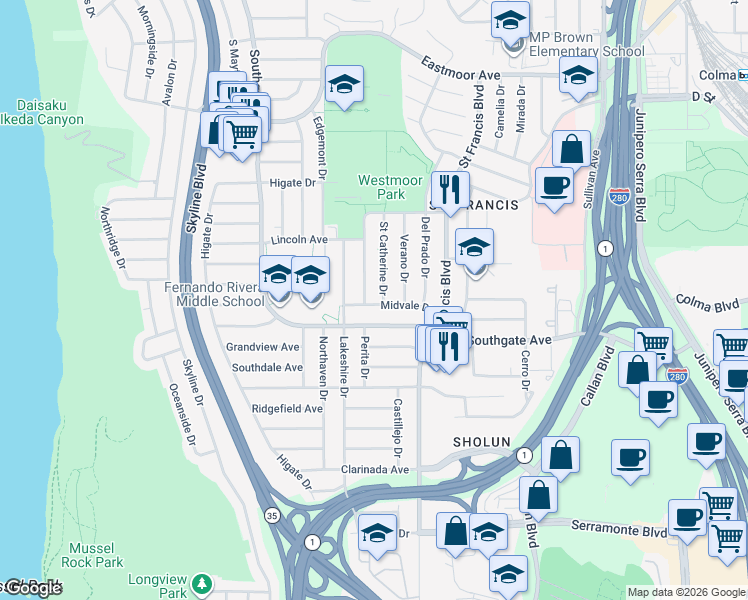 map of restaurants, bars, coffee shops, grocery stores, and more near 299 Mariposa Avenue in Daly City