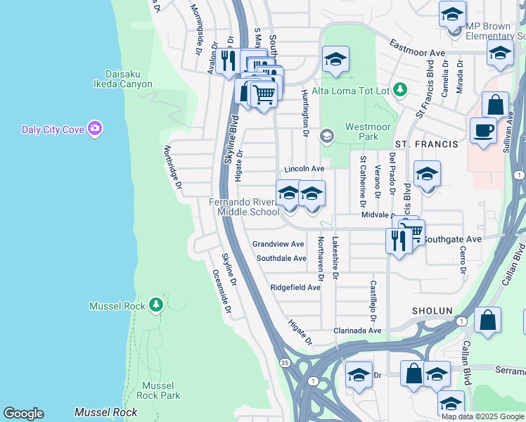 map of restaurants, bars, coffee shops, grocery stores, and more near 74 Mayfield Avenue in Daly City