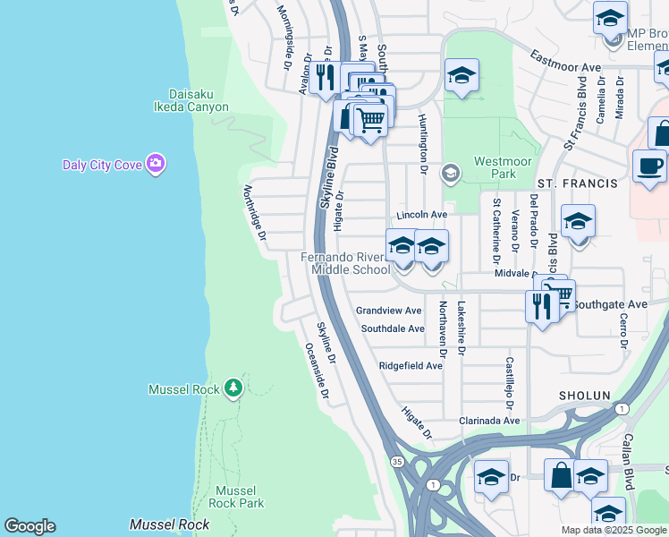 map of restaurants, bars, coffee shops, grocery stores, and more near 661 Skyline Drive in Daly City