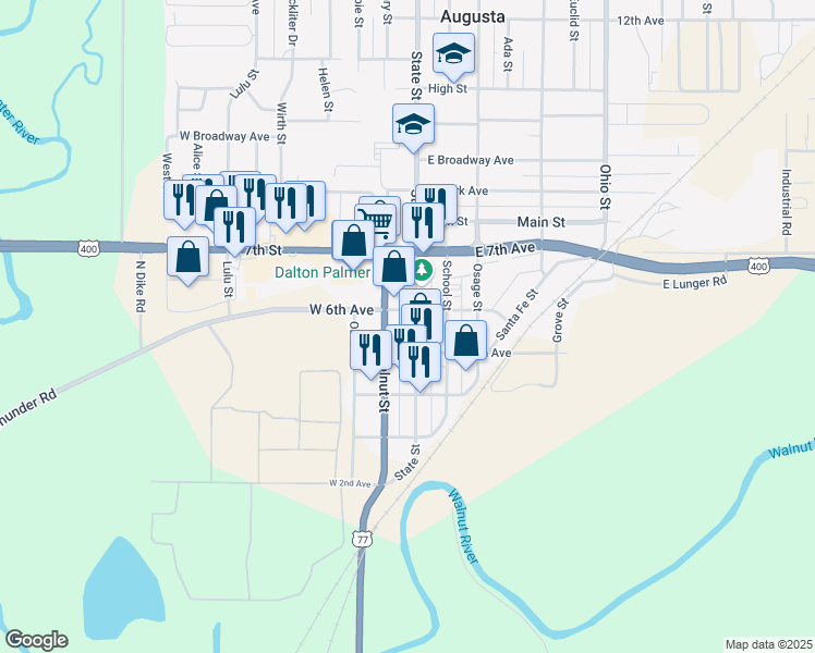 map of restaurants, bars, coffee shops, grocery stores, and more near 521 State Street in Augusta