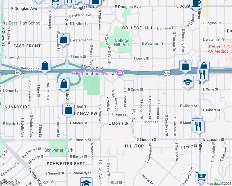 map of restaurants, bars, coffee shops, grocery stores, and more near 575 South Quentin Street in Wichita
