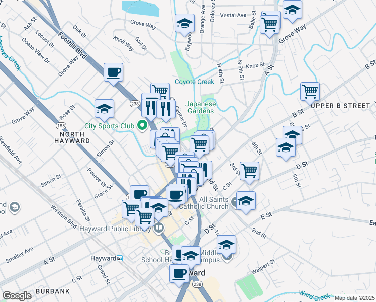 map of restaurants, bars, coffee shops, grocery stores, and more near 22400 2nd Street in Hayward