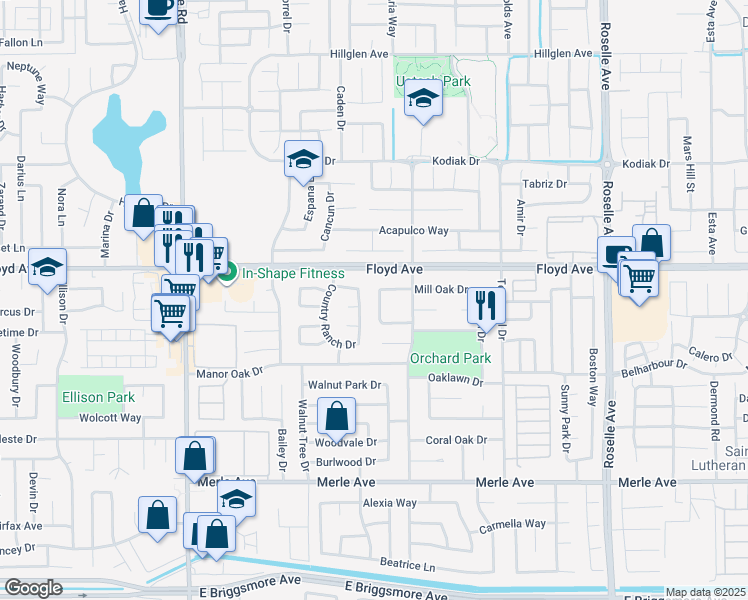 map of restaurants, bars, coffee shops, grocery stores, and more near 2405 Shadow Oak Lane in Modesto