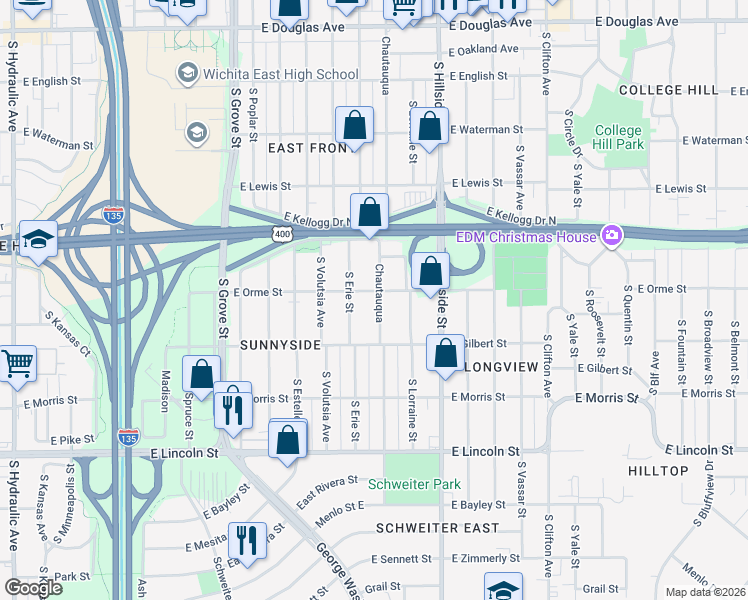 map of restaurants, bars, coffee shops, grocery stores, and more near 605 Chautauqua in Wichita