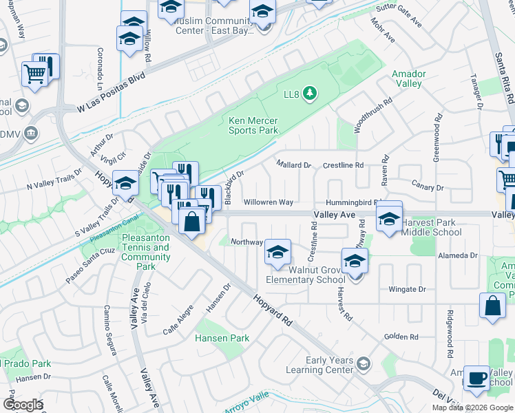map of restaurants, bars, coffee shops, grocery stores, and more near 2694 Willowren Way in Pleasanton