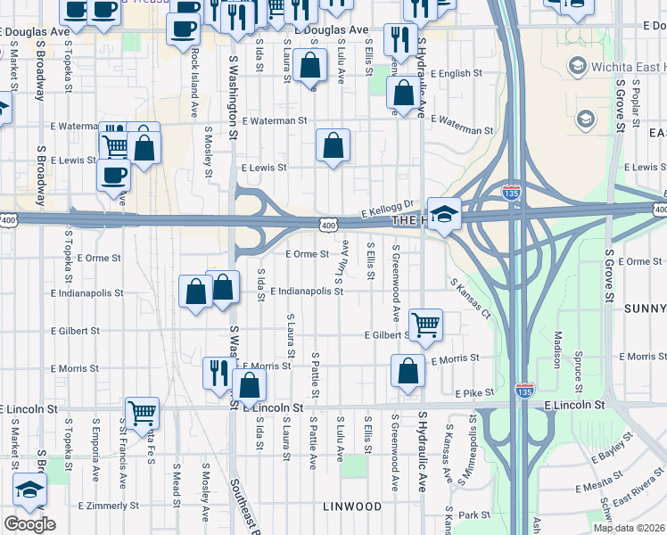 map of restaurants, bars, coffee shops, grocery stores, and more near 611 South Lulu Street in Wichita
