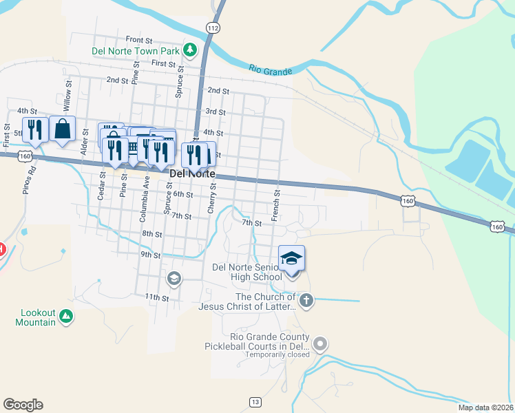 map of restaurants, bars, coffee shops, grocery stores, and more near 1035 6th Street in Del Norte
