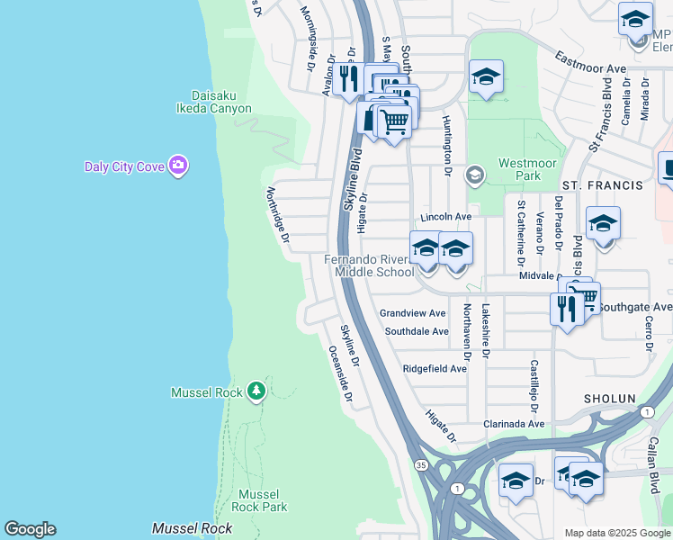 map of restaurants, bars, coffee shops, grocery stores, and more near 661 Skyline Drive in Daly City