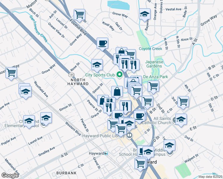map of restaurants, bars, coffee shops, grocery stores, and more near 22240 Main Street in Hayward