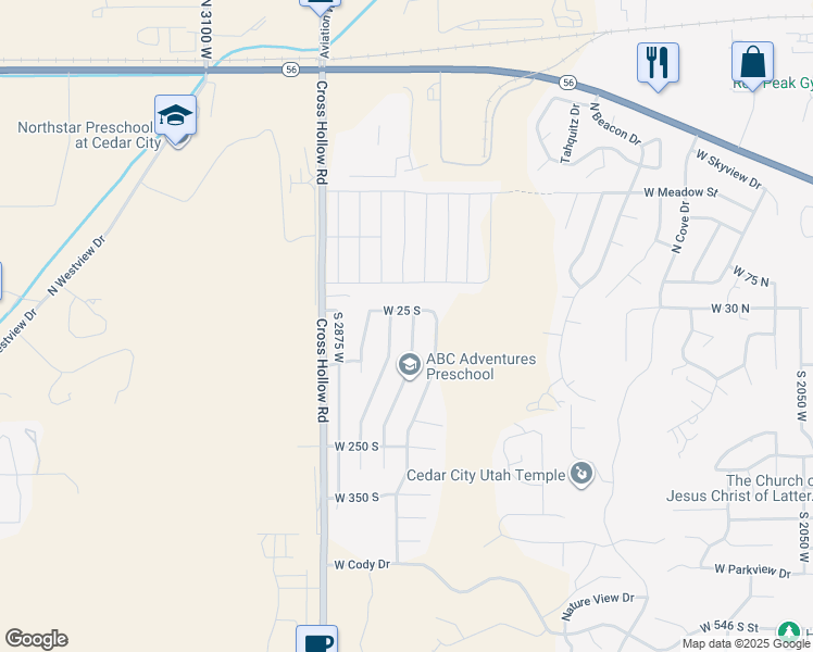 map of restaurants, bars, coffee shops, grocery stores, and more near 52 South House Rock Drive in Cedar City