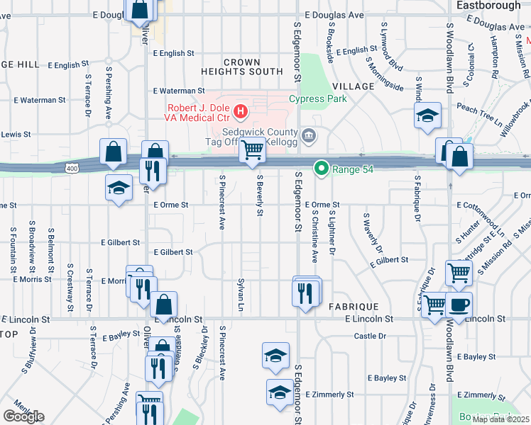map of restaurants, bars, coffee shops, grocery stores, and more near 610 South Beverly Street in Wichita