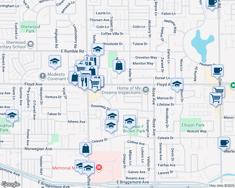map of restaurants, bars, coffee shops, grocery stores, and more near 1420 Chapala Way in Modesto