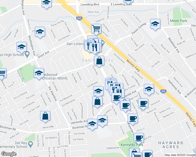 map of restaurants, bars, coffee shops, grocery stores, and more near 16151 Via Arriba in San Lorenzo