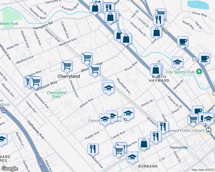 map of restaurants, bars, coffee shops, grocery stores, and more near 21595 Western Boulevard in Hayward