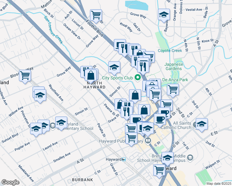 map of restaurants, bars, coffee shops, grocery stores, and more near 22205 Prospect Street in Hayward