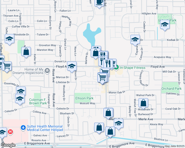 map of restaurants, bars, coffee shops, grocery stores, and more near 2116 Gainsboro Place in Modesto