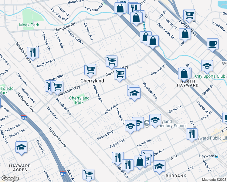 map of restaurants, bars, coffee shops, grocery stores, and more near 401 Grove Way in Hayward