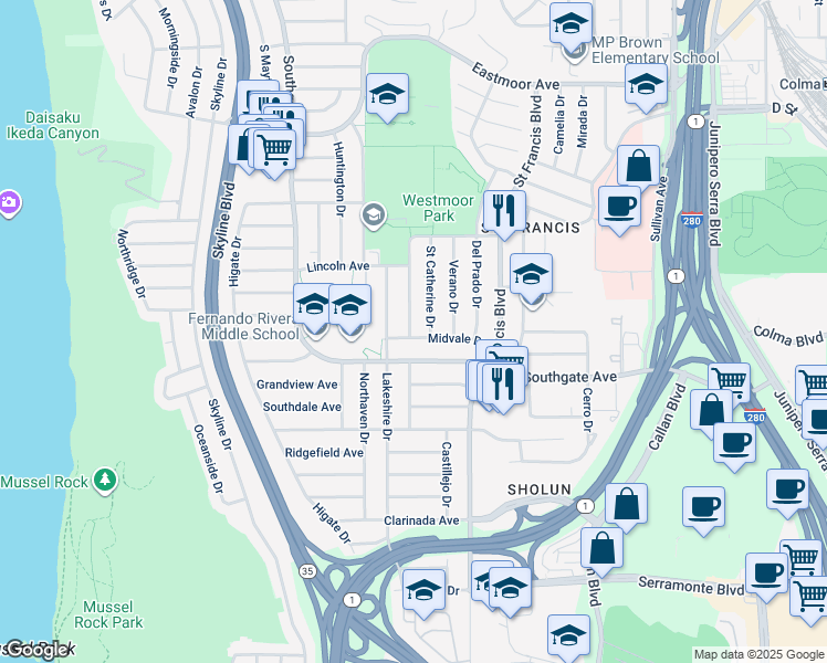 map of restaurants, bars, coffee shops, grocery stores, and more near 299 Mariposa Avenue in Daly City