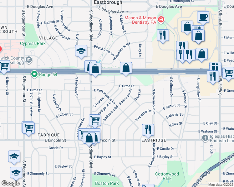 map of restaurants, bars, coffee shops, grocery stores, and more near 633 Eastridge Street East in Wichita