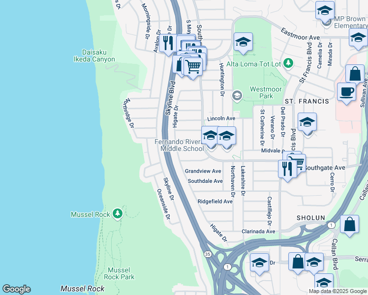 map of restaurants, bars, coffee shops, grocery stores, and more near 74 Mayfield Avenue in Daly City