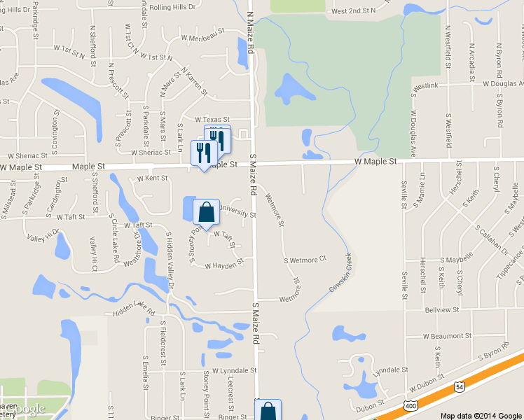 map of restaurants, bars, coffee shops, grocery stores, and more near 412 South Maize Road in Wichita