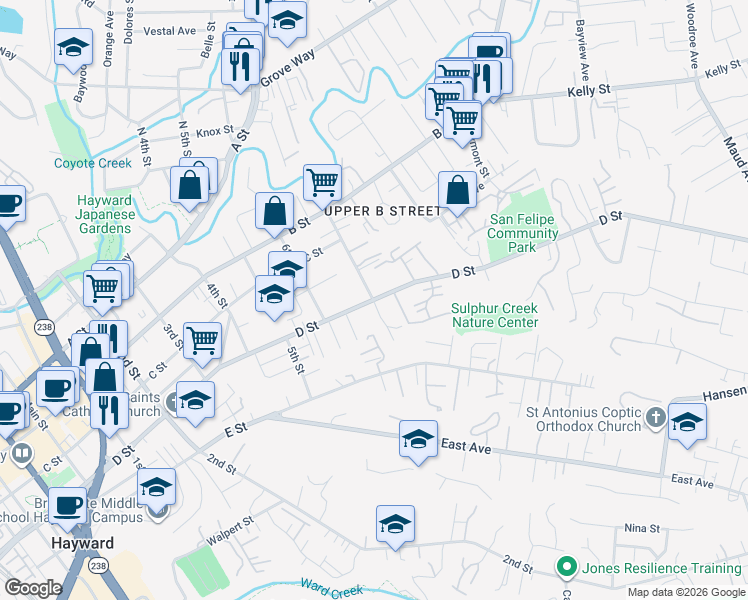 map of restaurants, bars, coffee shops, grocery stores, and more near D Street & 7th Street in Hayward