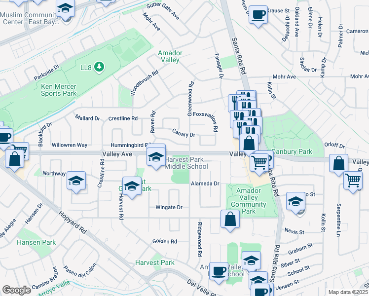 map of restaurants, bars, coffee shops, grocery stores, and more near 2022 Raven Road in Pleasanton