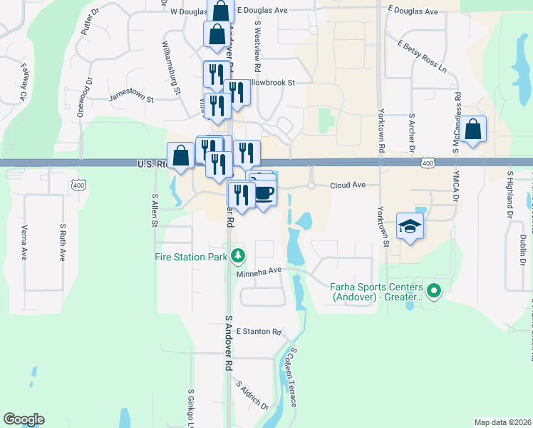 map of restaurants, bars, coffee shops, grocery stores, and more near 225 Cloud Avenue in Andover