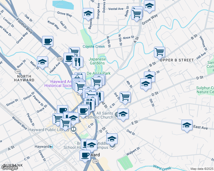 map of restaurants, bars, coffee shops, grocery stores, and more near 22525 3rd Street in Hayward