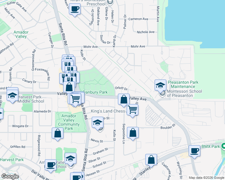 map of restaurants, bars, coffee shops, grocery stores, and more near 1543 Trimingham Drive in Pleasanton