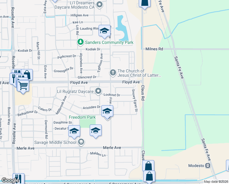 map of restaurants, bars, coffee shops, grocery stores, and more near 2517 Albatros Drive in Modesto
