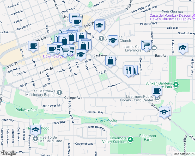 map of restaurants, bars, coffee shops, grocery stores, and more near 741 South H Street in Livermore