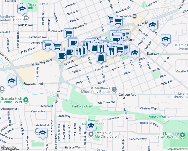 map of restaurants, bars, coffee shops, grocery stores, and more near 483 South O Street in Livermore