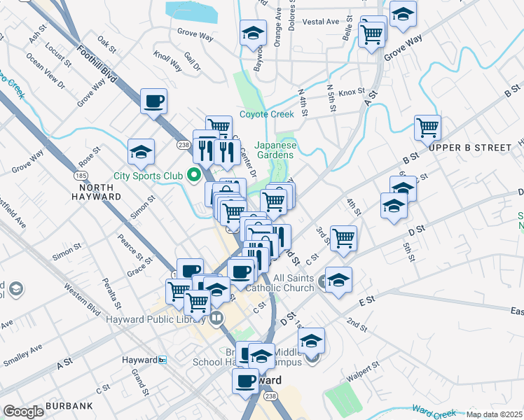 map of restaurants, bars, coffee shops, grocery stores, and more near 22400 2nd Street in Hayward