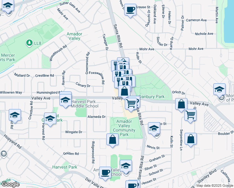 map of restaurants, bars, coffee shops, grocery stores, and more near 4307 Valley Avenue in Pleasanton