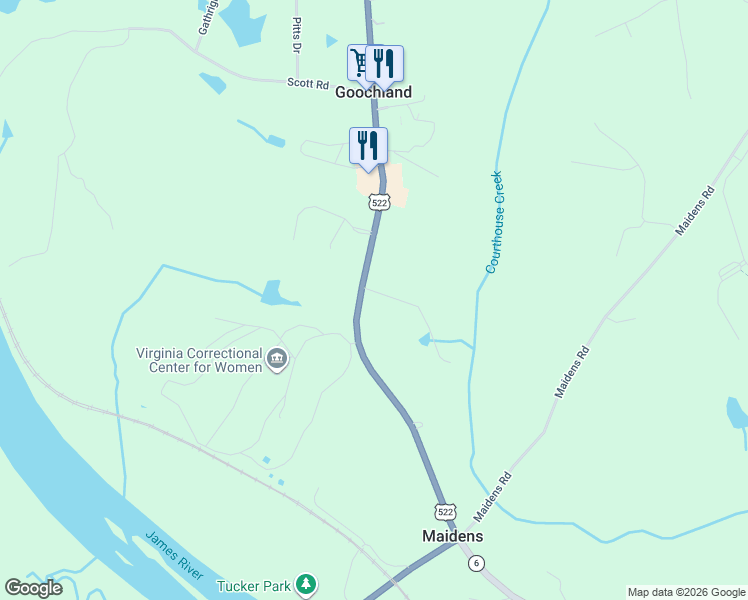 map of restaurants, bars, coffee shops, grocery stores, and more near 2699 Valley View Lane in Goochland