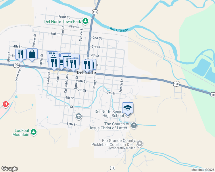 map of restaurants, bars, coffee shops, grocery stores, and more near 1035 6th Street in Del Norte
