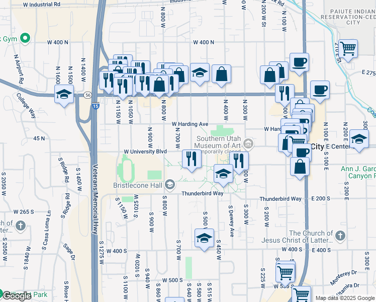 map of restaurants, bars, coffee shops, grocery stores, and more near 650 West Center Street in Cedar City