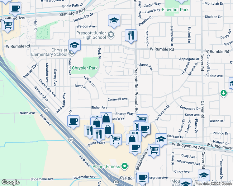 map of restaurants, bars, coffee shops, grocery stores, and more near 2128 Palisade Avenue in Modesto