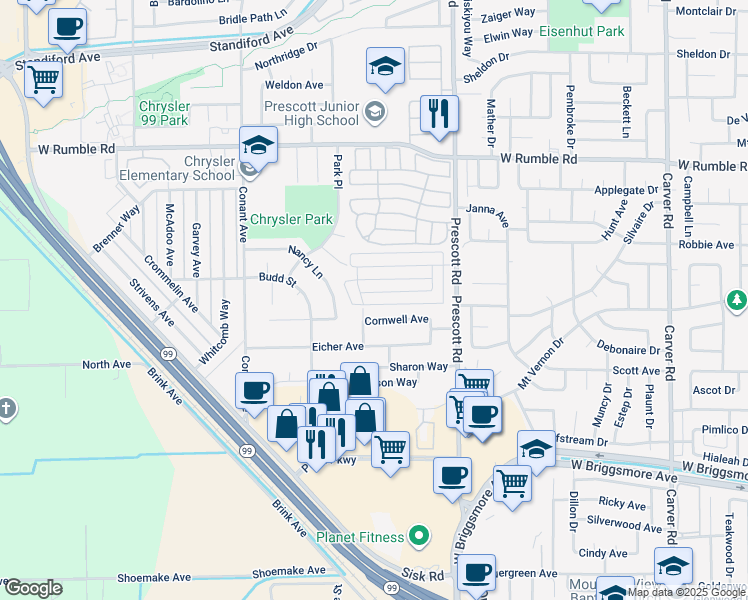 map of restaurants, bars, coffee shops, grocery stores, and more near 2212 Palisade Avenue in Modesto