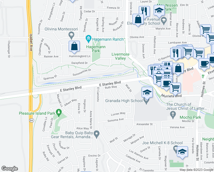 map of restaurants, bars, coffee shops, grocery stores, and more near 552 Ruth Way in Livermore