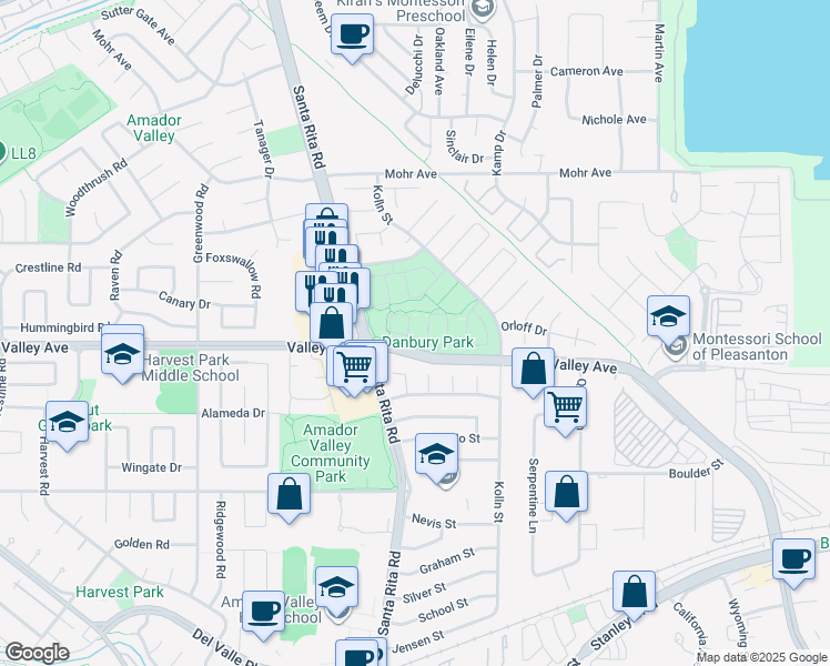 map of restaurants, bars, coffee shops, grocery stores, and more near 1401 Elliot Circle in Pleasanton