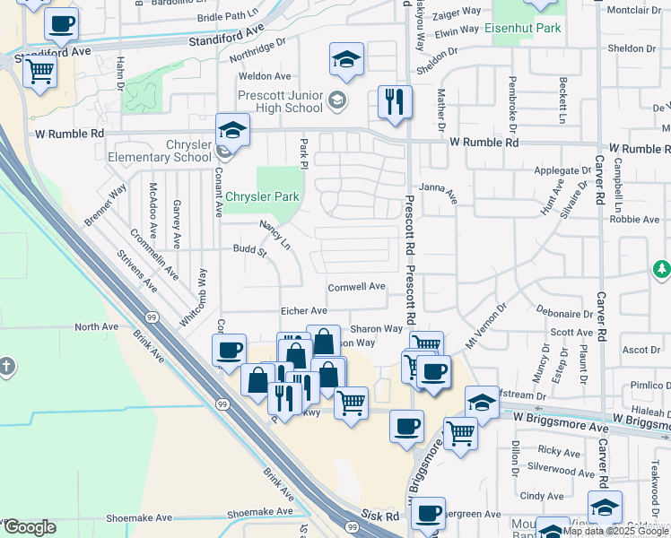 map of restaurants, bars, coffee shops, grocery stores, and more near 2212 Palisade Avenue in Modesto