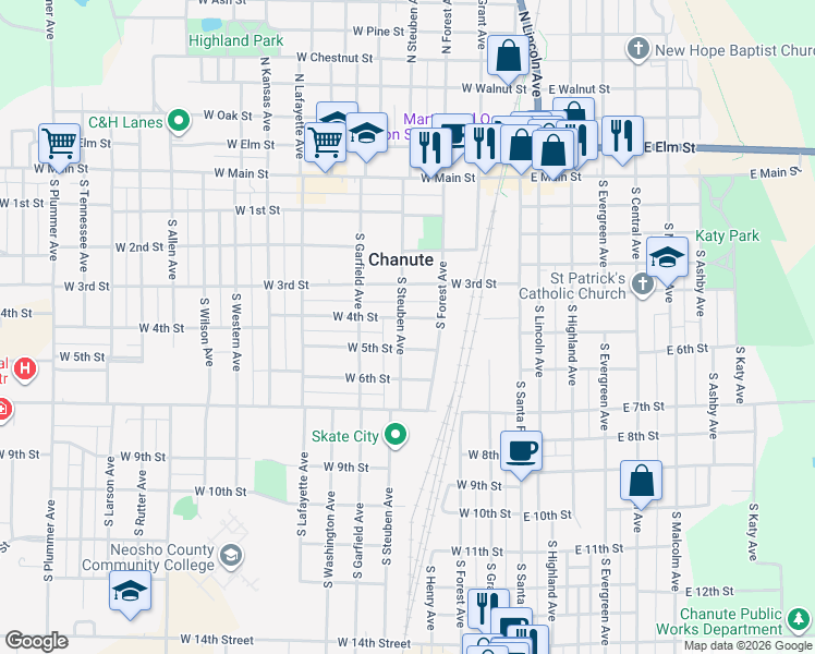 map of restaurants, bars, coffee shops, grocery stores, and more near 229 West 4th Street in Chanute