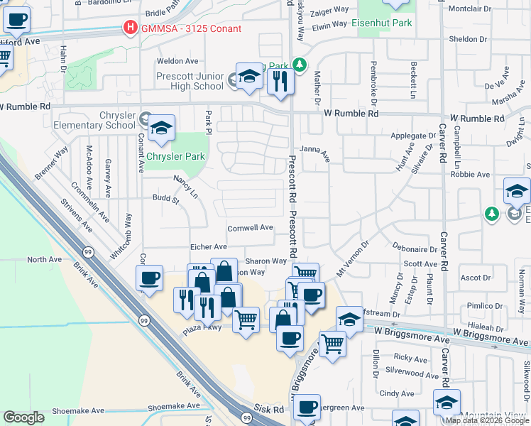 map of restaurants, bars, coffee shops, grocery stores, and more near 2128 Palisade Avenue in Modesto