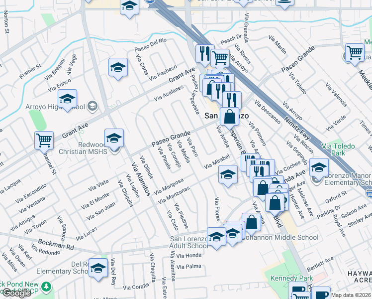 map of restaurants, bars, coffee shops, grocery stores, and more near 16070 Via Media in San Lorenzo