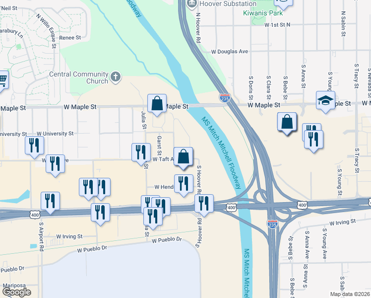 map of restaurants, bars, coffee shops, grocery stores, and more near 449 South Carlton Drive in Wichita