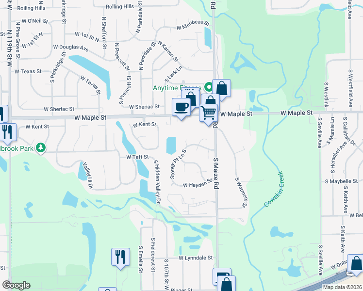 map of restaurants, bars, coffee shops, grocery stores, and more near 425 South Stoney Point Circle in Wichita