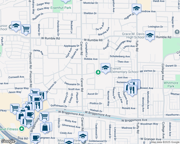 map of restaurants, bars, coffee shops, grocery stores, and more near 1617 Mount Vernon Drive in Modesto