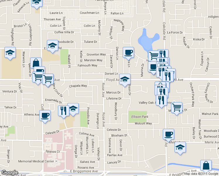 map of restaurants, bars, coffee shops, grocery stores, and more near 1814 Bradford Court in Modesto